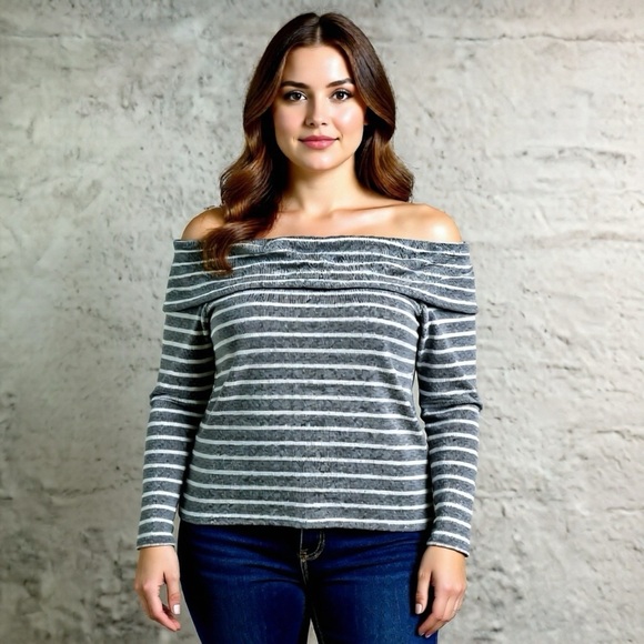 Lane Bryant Sweaters - Lane Bryant Off Shoulder Sweater Womens Size 22/24 Grey Stripe Knit Comfort